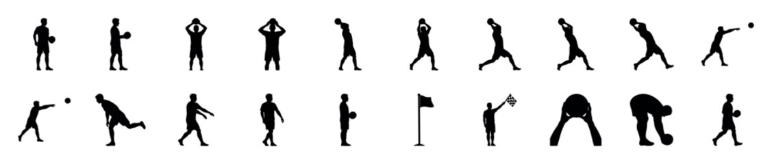 Obraz premium Collection of black silhouettes of a male athlete playing volleyball in various dynamic poses like serving, throwing, and setting the ball, showing athletic action