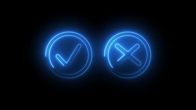 Neon glow Tick or check mark icon on Black Background . right and wrong animated neon icons, False and true. Correct and incorrect video.