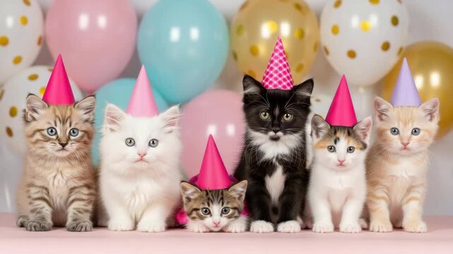 Adorable Kittens Celebrate Birthday Party with Balloons and Party Hats