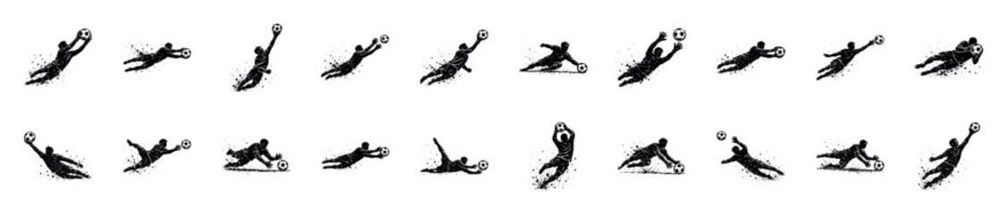 Fototapeta premium Collection of black grunge textured silhouettes of soccer goalkeepers diving and catching the ball in various dynamic poses