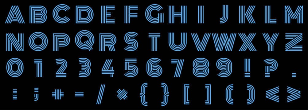 Modern blue multiline alphabet with uppercase A to Z, numbers 0 to 9, and punctuation symbols. Clean outline typography vector ideal for branding, logos, posters, UI, packaging, and web. Flat design.