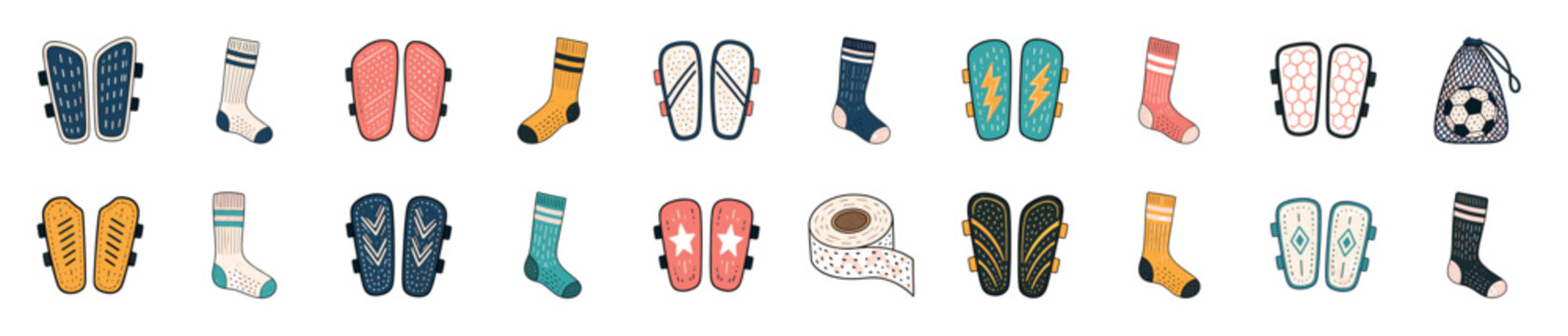 Collection of colorful hand-drawn sports equipment including shin guards, socks, flip-flops, and a soccer ball in a net, depicted in a playful cartoon style