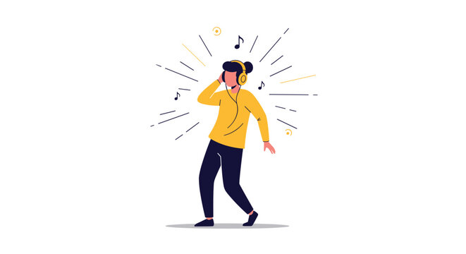 Young woman wearing yellow headphones listens to her favorite music and dances happily on a clean white background.