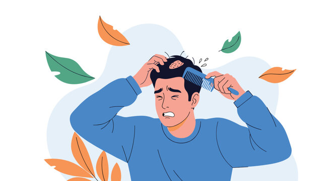 Upset young man combing his hair and discovering a bald spot on his head indicating hair loss or alopecia problem.