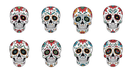 Obraz premium Collection of eight colorful sugar skulls with floral decorations for the traditional Mexican Day of the Dead festival.