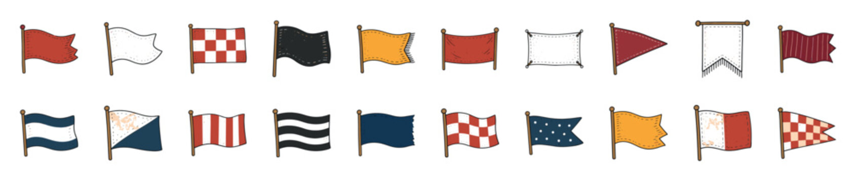 Collection of various hand-drawn flag illustrations in different shapes, colors, and patterns, featuring a vintage sketch style