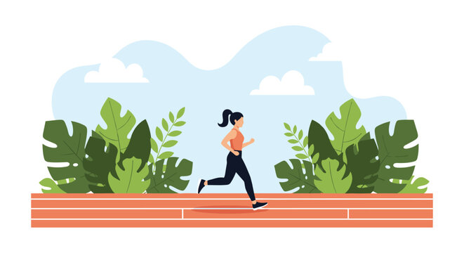 Active young woman jogging on an athletic running track with tropical green leaves and blue sky in the background.