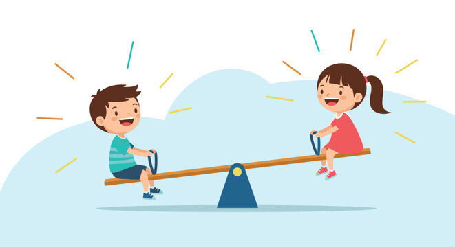 Cheerful young boy and girl having fun playing together on a wooden seesaw in a public playground during a sunny day.