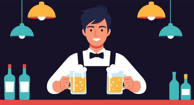 Happy male bartender in uniform holding two foaming mugs of beer at the bar counter with bottles and lamps in background.