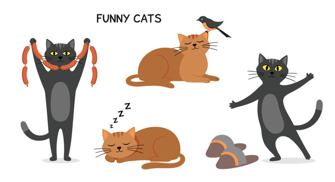 Cute vector set of funny cartoon cats sleeping, playing, and stealing food represents pet behavior and domestic feline lifestyle.
