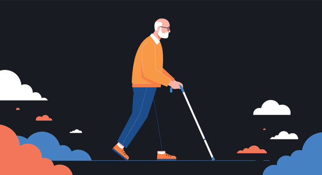 Elderly grandfather walking with cane on dark night background represents disability, aging process, and blind navigation.
