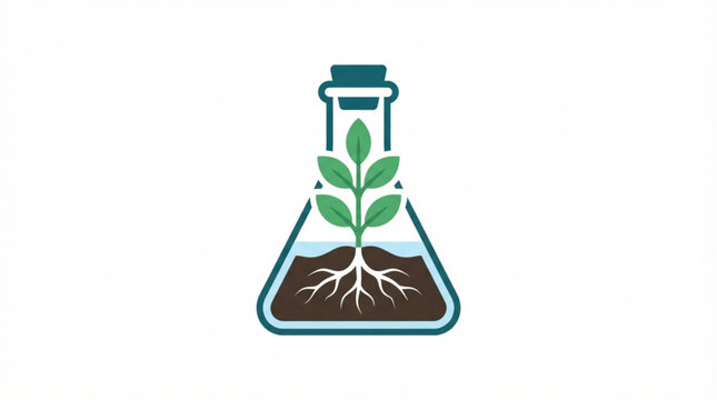 Green plant growing inside a laboratory glass flask as a symbol of sustainable science and environmental research on a clean white background flat icon