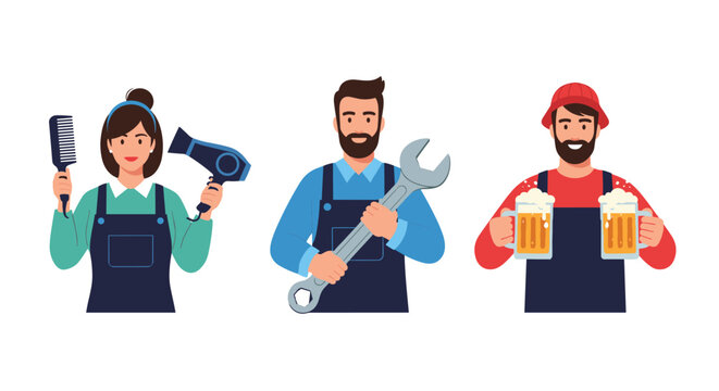 Vector set of diverse professionals including hairdresser, auto mechanic, and bartender representing employment, job options, and services.