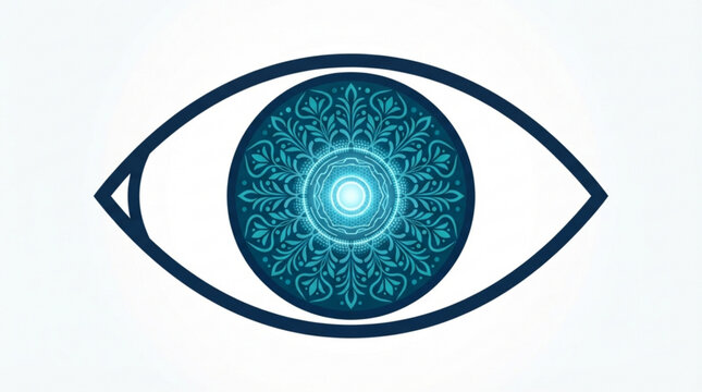 Stylized human eye with digital floral iris mandala pattern representing artificial intelligence vision and cybersecurity concept on white background