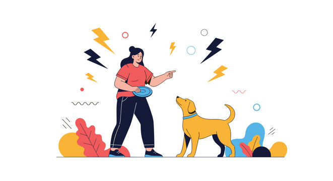 Happy woman playing with her yellow dog outdoors, throwing a blue frisbee disk on a vibrant abstract background.