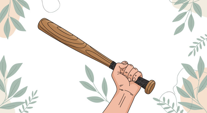 Strong hand holds a wooden baseball bat firmly amidst a border of stylized green leaves and soft pastel shapes.