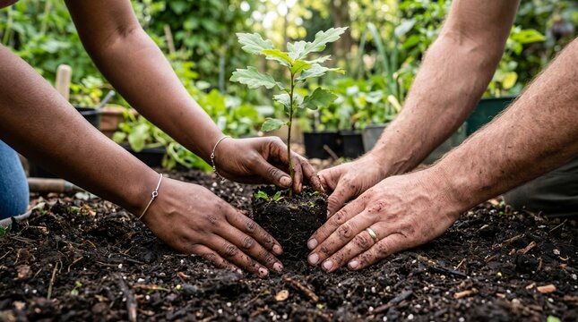 Diverse hands planting a young oak tree sapling in fertile soil for environmental conservation and growth
