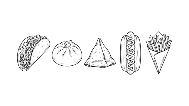 Set of 5 black and white fast food line art vector illustrations