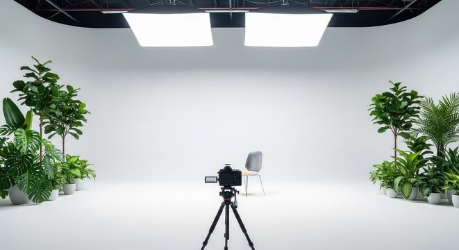 Industrial photo studio inside a large warehouse featuring a white cyclorama wall, lush green plants, professional camera, and soft light, indoor, camera, foliage
