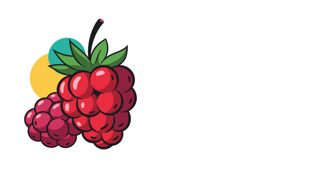 Fresh and delicious red raspberries illustration with green leaves and abstract background on white background.