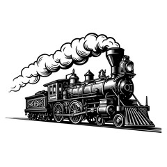 Detailed black and white of a vintage steam locomotive train engine with thick smoke billowing from the chimney stack © hhh