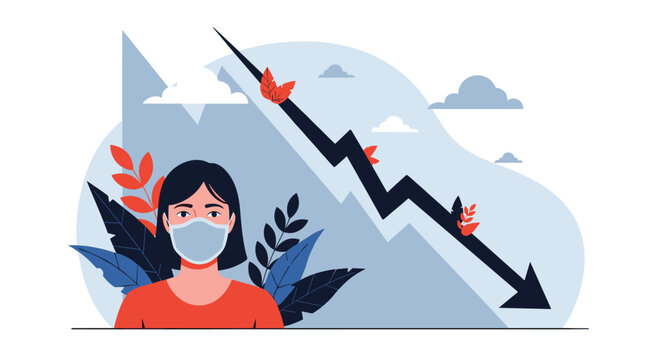 Sad woman wearing a medical face mask in front of a falling financial graph showing crisis and recession.