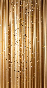 Shimmering gold curtains serve as a backdrop as glittery confetti pieces float downward, establishing a festive mood for grand celebrations, glowing, confetti, light