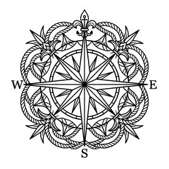 Nautical compass rose with rope border and fleur de lis detail, black and white line on a white background © hhh