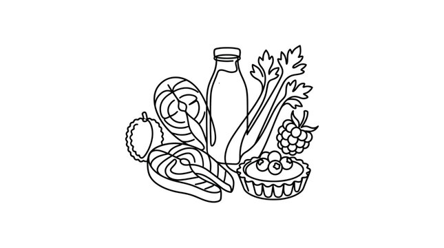 Healthy food assortment line art: salmon steaks, berries, vegetables, and tart