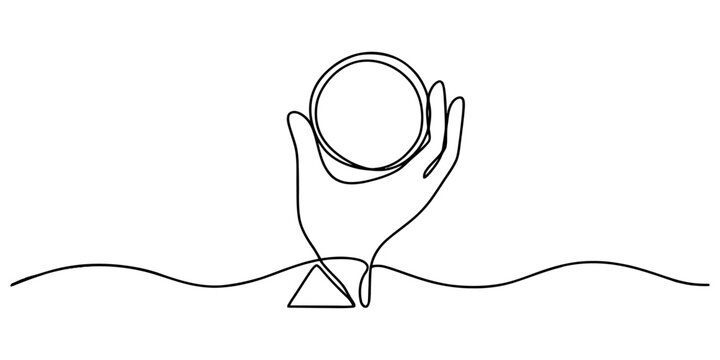 Continuous single line drawing of a human hand holding a round crystal ball for magic fortune telling and prediction Vector, illustration