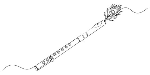 Continuous single line drawing of a bamboo flute with a peacock feather isolated on a white background Vector, illustration © Nano Creator