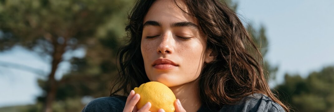 Closeup young woman smelling fresh lemon outdoors for aromatherapy banner background and natural wellness marketing