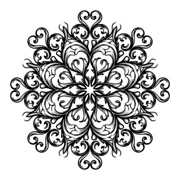 Ornate circular floral mandala pattern with symmetrical acanthus leaf swirls on a plain white background