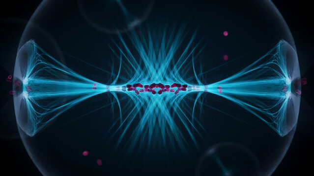 Blue glowing plasma with purple particles in a scientific experimental device  a fusion reactor with magnetic field lines and hot plasma confined in a torus shaped vessel