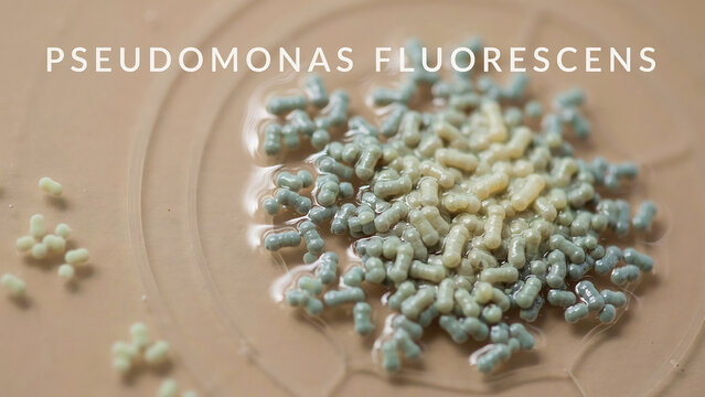Pseudomonas fluorescens bacteria colonies on agar plate in microbiology laboratory setting for research and study  closeup view of greenish blue microbial growth