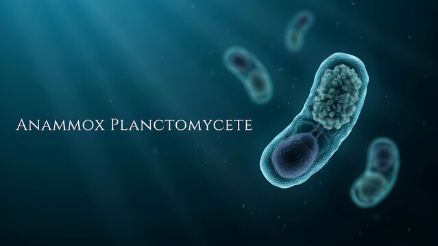 Anammox planctomycete bacteria cell structure with distinctive compartments and membranes floating in water  microscopic view of planctomycetes