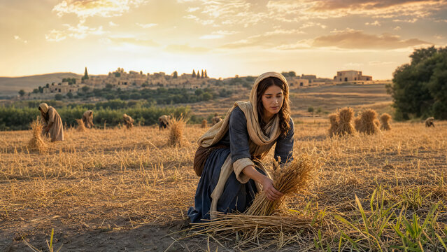 Biblical woman gleaning wheat in a golden field at sunset, historical setting with village in the background