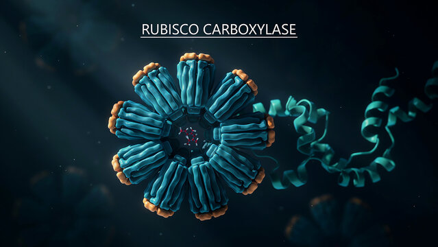 Rubisco carboxylase enzyme molecule structure with blue and orange protein complex and helical chain  biological macromolecule model