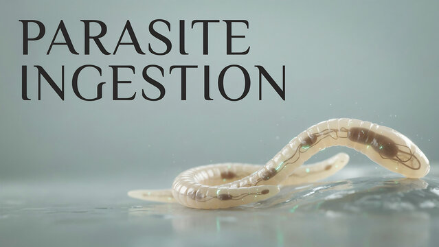 Worms lying on wet surface with parasite ingestion text  two white worms on gray background