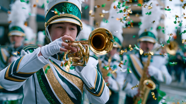 A local marching band rounds a corner during a festive St Patricks Day parade on a bustling downtown street, spectators lining the sidewalk waving small flags while confetti floats through the after