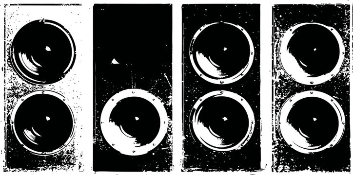 speaker cabinets with textured worn surfaces in black and white