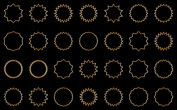 Collection of elegant golden outline starburst badge frames in various decorative shapes. Ideal for labels, stickers, sale banners, awards, logos, packaging, branding, and promotional vector designs.