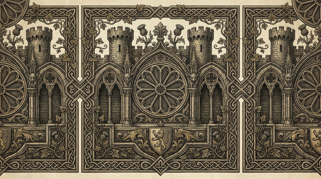 Celtic knotwork and scottish castle pattern with thistle motif, creating vintage border design.