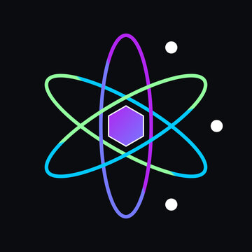 Minimalist quantum atom logo featuring a hexagonal core with neon gradient orbits on black background.