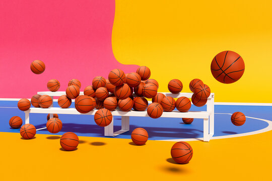 Colorful basketball motion concept with floating balls and copy space