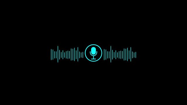Animated neon blue audio waveform icon  with microphone for podcast and voice recording interface sound frequency