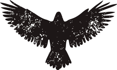 Fototapeta premium Silhouette of a flying raven with outstretched wings, black grunge bird illustration