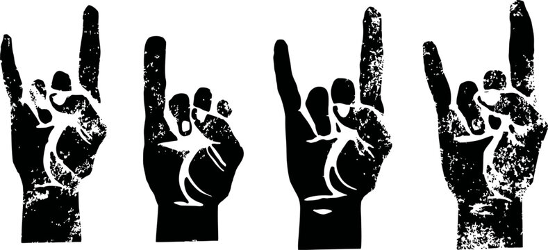 Grunge rock hand gestures set four black silhouettes of hands showing horn sign music fans symbol urban