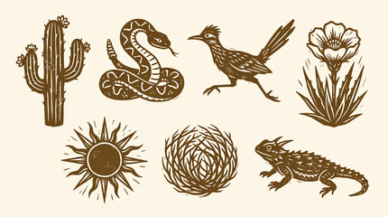 Desert scene with Hand Drawn cactus, roadrunner, snake, agave, lizard, sun, and nest. © Crushin
