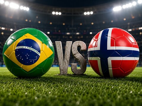 Brazil vs Norway football match balls on green field